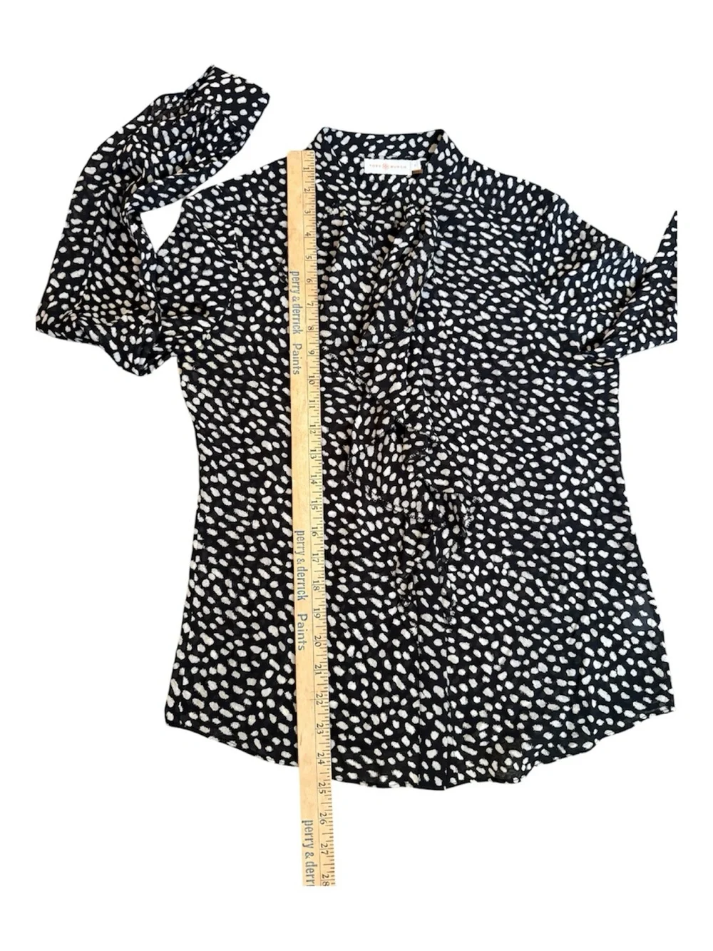 Tory Burch Black & Cream Veta Sheer Silk Blend  Blouse in Dot Print Top size 4